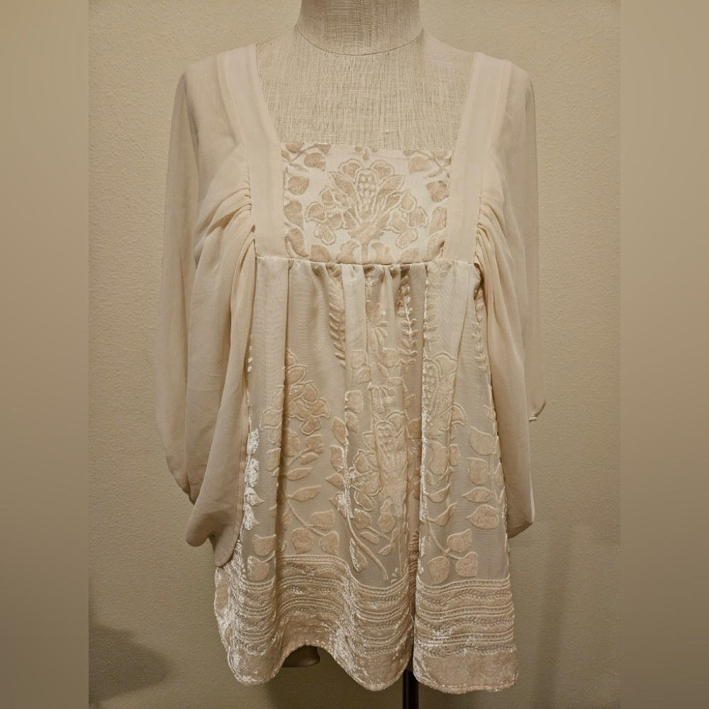 H&M Conscious Collection Ivory Velvet Floral Chiffon Peasant Top -Size 10/12 M/L
